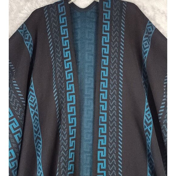 Womens Cape Coat One Size Black Blue Aztec Print Mexican Poncho Coatigan - Picture 6 of 9